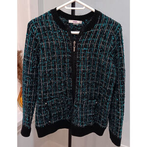 Alia Medium Womens Zip Up Sweater Slight Sparkle Green And Black Pattern - Cute!